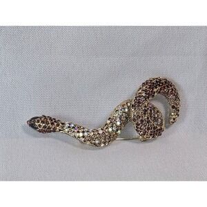 Vintage Style Snake Brooch Pendant Gold Tone Crystal Rhinestone Slithering Cobra
